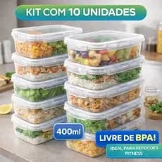 Kit 10 Potes Marmita Fit 400ML Retangular Com Tampa 4 Travas Jogo de Potes Livres de BPA