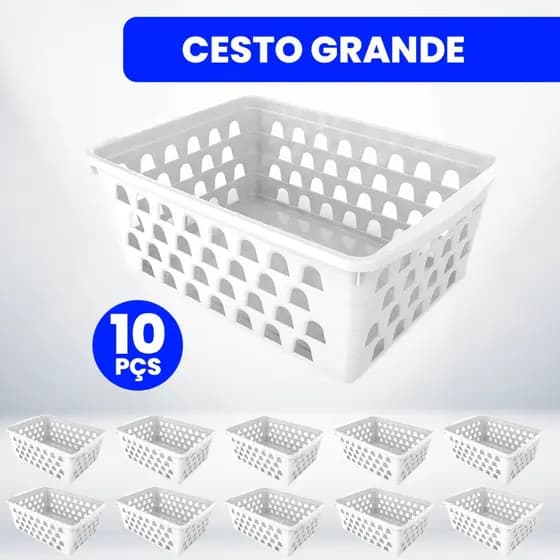 Kit com 10 Cestos Organizadores Multiuso Branco 21,5x17x7,5cm Grande