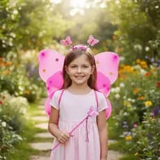 KIT Fantasia Asa de Borboleta Varinha e Tiara Cosplay Infantil Rosa Pink