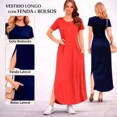 Vestido Feminino Midi com Bolso e Fenda e Manga Viscolycra Soltinho Saruel Básico Confortável Mid