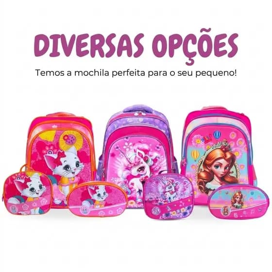 Mochila Infantil Menina + Lancheira + Estojo – Kit Completo Volta às Aulas