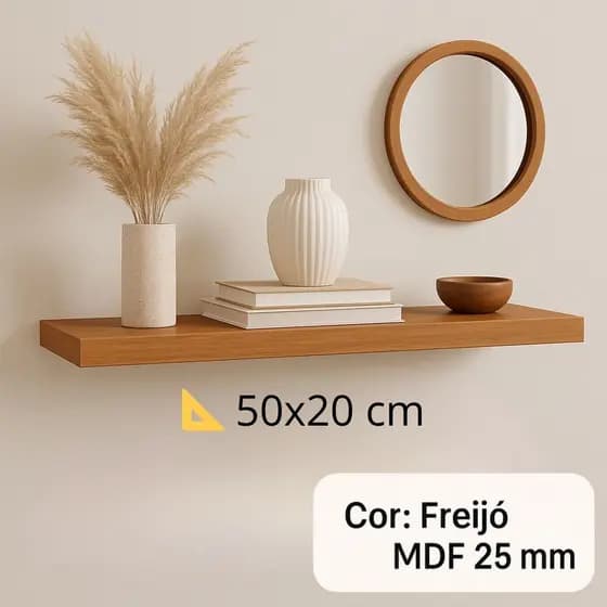 Prateleira 50x20 amadeirada freijó MDF 25mm decorações quarto sala escritório com suporte invisível