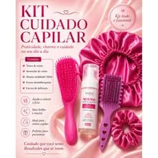 Kit Cuidado dos Cabelos 5 Itens com Touca, Scrunchie, Mousse e Escovas Pink