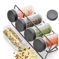Conjunto 4 Potes Porta Tempero Vidro com Tampa e Suporte de Metal Preto Lyor