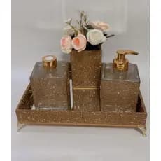 Kit Bandeja vidro difusor porta sabonete e pote decorativo com flores.