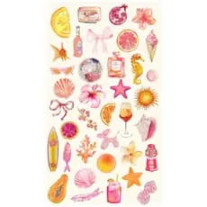 37 stickers adesivos tema verão rosa e laranja para decoração de jornal, diário, caderno e capas