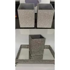 Kit Bandeja e 3 Porta Pinceis Strass Prata