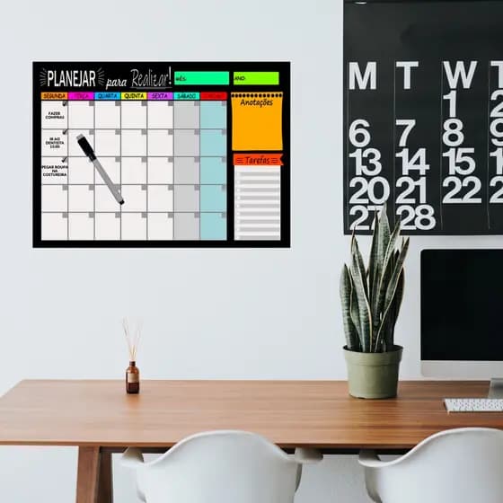 Planner Semanal 29x40, Quadro De Planejamento, Mural De Tarefas, Quadro de Tarefas, , Mural Planejador, Caneta com apagador + Suporte Com Adesivo