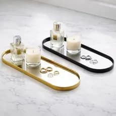 Bandeja Espelhada Decorativa Oval Luxo Porta Perfume Lavabo Banheiro Mesa Decor Preto ou Dourado