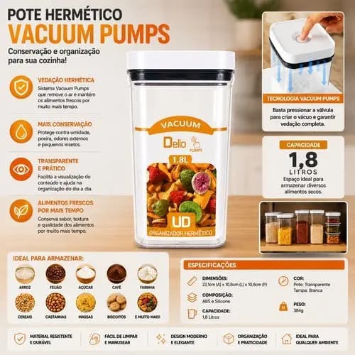 🟩🤑🤩Pote Hermetico Retangular 1.8 Litros Com Sistema Vácuo Pumps Evita Vazamentos Armazenamento Seguro🟩🤑🤩
