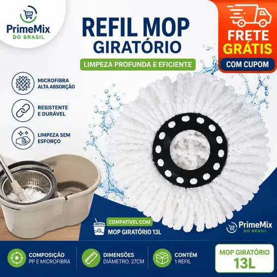 Refil Mop Giratorio Super Absorcao Alta Durabilidade Capacidade 13 Litros Lavavel Utilizacao Facilidade