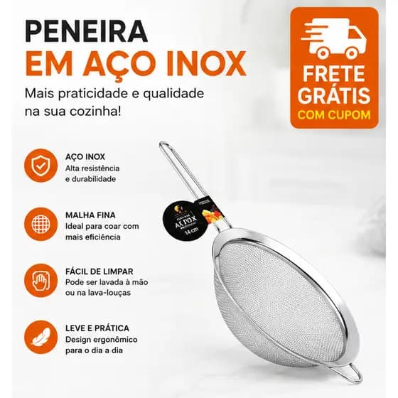 Peneira Cozinha Aco Inox 14-16-18cm Multiuso Facil Limpeza Resistente Ventilada
