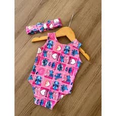 Biquíni infantil menina maiô praia body com laço/tiara bory kit banho