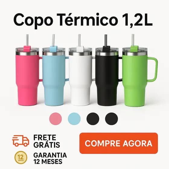 Copo Térmico Inox 1200ml Alça e Flip Straw Parede Dupla a Vácuo Tampa Canudo Bebidas Frias Quentes