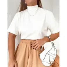 Blusa T-shirt básica lisa malha 100% algodão gola ribana fashion