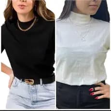 KIT 2 BLUSA GOLA ALTA 100% ALGODÃO BÁSICA MANGA CURTA