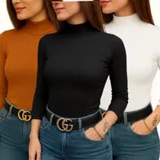 Kit 3 Blusa de Frio Cacharrel Gola Alta Manga Longa Canelada Moda Feminina