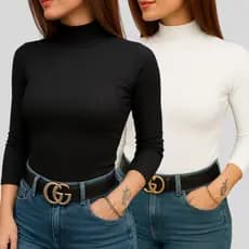 Kit 2 Blusas Feminina Segunda Pele Canelada Gola Alta Manga Comprida