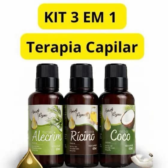 KIT Terapia Capilar 3 ÓLEOS Cronograma Óleo de Coco + Ricino + Alecrim 60ml Tratamento Capilar
