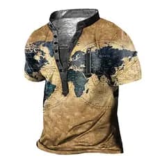 Camiseta Henley Masculina Com Estampa 3D Plus Size/Blusa Esportiva Estampada Botão