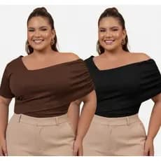 Kit 2 Blusa Canelada Feminina Plus Size Blusa Transpassada Feminina Blusinha Manga Curta Decote Ombro a Ombro