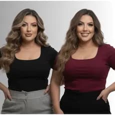 Kit 2 Blusa Feminina Plus Size Estilosa Decote Quadrado Social Elegante Básica Manga Curta