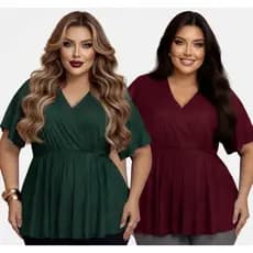 Kit 2 Blusa Plus Size Fresca Decote V Soltinha Bata Mangas Curta Peplum