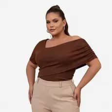 Blusa Plus Size Transpassada Feminina ombo a ombro Manga Curta Canelada Elegante Casual estilosa