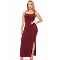 Vestido Canelado Longo Casual Alça Fenda Lateral Moda Casual Feminina