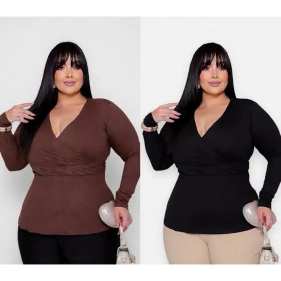 Blusa Plus Size Feminina Manga Longa  Blusinha Plus Transpassada Decore V Evangelica Estilosa Bata Malha Canelada rodada