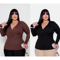 Blusa Plus Size Feminina Manga Longa  Blusinha Plus Transpassada Decore V Evangelica Estilosa Bata Malha Canelada rodada
