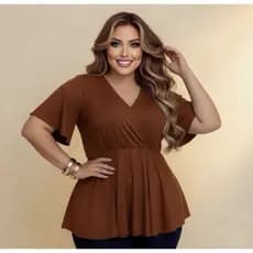 Blusinha Plus Size Fresca  Evangélica Soltinha Bata Manga Curta Peplum rodada decote v