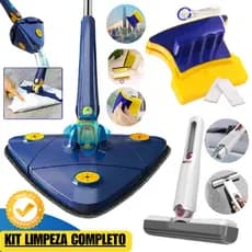 MOP Limpeza Esfregão Triangular Banheiro + Limpa Vidros Magnético Imã + MOP Portátil Rodo Mágico KIT