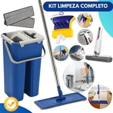 Mop Flat Balde Lava Seca Profissional + Limpa Vidros Magnético + Mini Mop Portátil