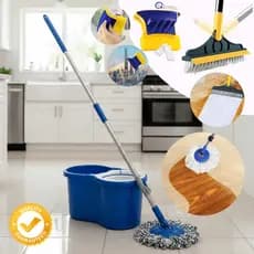 Mop Giratório 360 Balde 8L Microfibra + Escova Rodo + Limpa Vidros Magnético