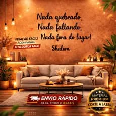 Placa Decorativa Shalom Nada Quebrado Nada Faltando MDF Preto Frase Religiosa Parede 85x50cm Decoração Cristã