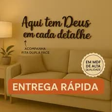 Placa decorativa "Aqui tem Deus em cada Detalhe" MDF Preto Decoração Casa Religioso Família