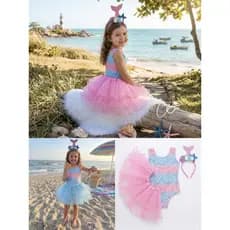 Fantasia infantil sereia kit 3 pçs saia tule com babadinho Body bore colan tiara calda de sereia.