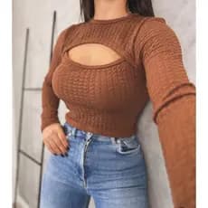 Crooped Top Corsellet feminino Bubble Manga Longa/Top Crooped  com Decote