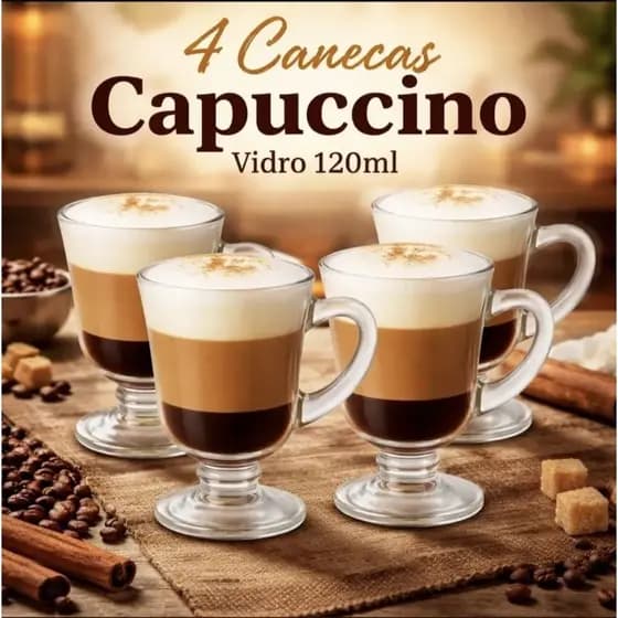 Kit 4/8 Canecas de Vidro 120ml Cappuccino Café Chá Xícara Transparente Resistente