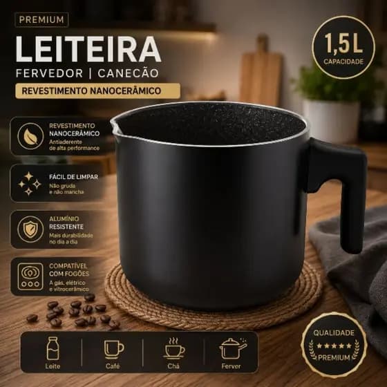 Leiteira Chaleira 1,5L Nanocerâmica Antiaderente Preta Canecão Fervedor Alumínio Premium