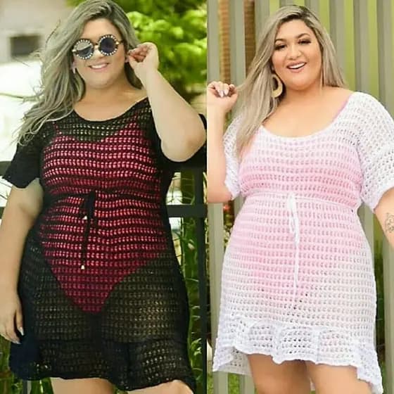 Saída de Praia Plus Size com Babado em Linha Tricot Moda Praia Verão