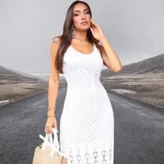 Vestido Longo Feminino Tricot Renda Elegante Forrado Com Fenda Lateral Festa