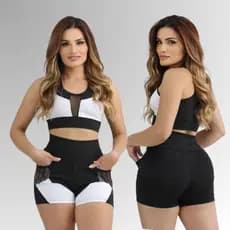 Conjunto Top é Short com Bolso Moda Fitness Cintura Alta Academia Feminino Alta Compressão Modelador