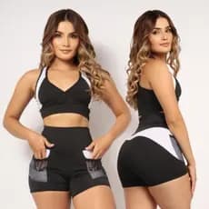 Conjunto short + top academia alta compressão Cintura Alta e Modeladora com Bolso Caminhada Esportes