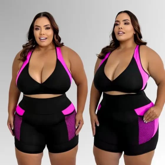 Conjunto moda Fitness Plus Size Feminino Top + Short Cintura Alta Compreensão Tecido Grosso Academia