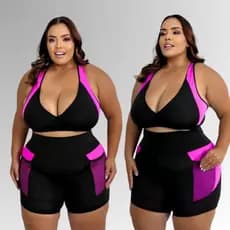 Conjunto moda Fitness Plus Size Feminino Top + Short Cintura Alta Compreensão Tecido Grosso Academia