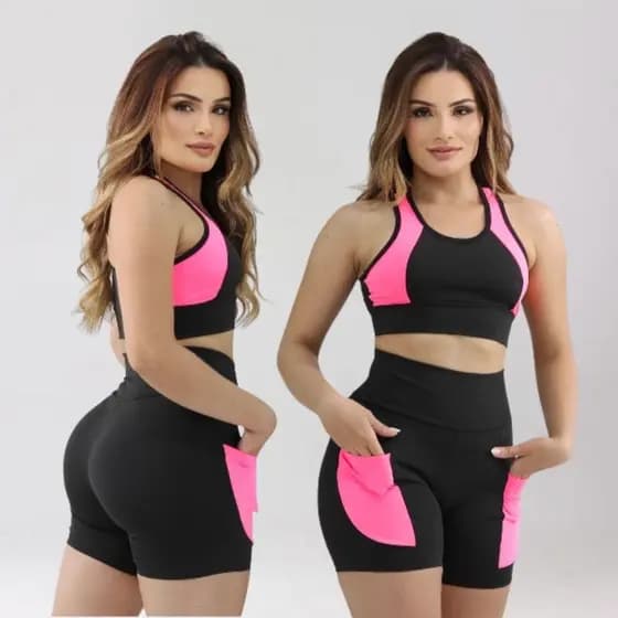 Conjunto Short e Top Nadador Moda Fitness Feminina Com Bolso Cintura Alta Compreensão Academia Pilates