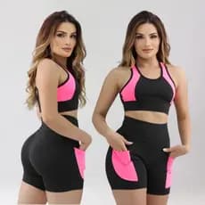 Conjunto Short e Top Nadador Moda Fitness Feminina Com Bolso Cintura Alta Compreensão Academia Pilates