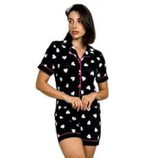 Pijama Feminino Americano Blogueirinha Amamentacão Malha Estampa  short doll Botões Abertura Frontal